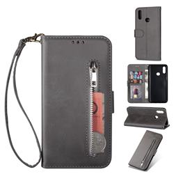Retro Calfskin Zipper Leather Wallet Case Cover for Samsung Galaxy A10s - Grey