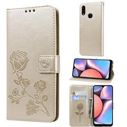 Embossing Rose Flower Leather Wallet Case for Samsung Galaxy A10s - Golden
