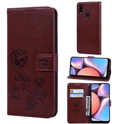 Embossing Rose Flower Leather Wallet Case for Samsung Galaxy A10s - Brown