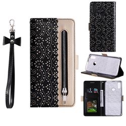 Luxury Lace Zipper Stitching Leather Phone Wallet Case for Samsung Galaxy A10s - Black