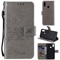 Embossing Owl Couple Flower Leather Wallet Case for Samsung Galaxy A10s - Gray