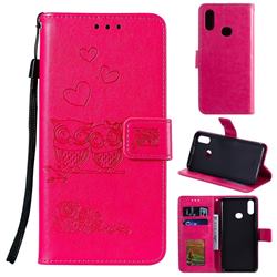 Embossing Owl Couple Flower Leather Wallet Case for Samsung Galaxy A10s - Red