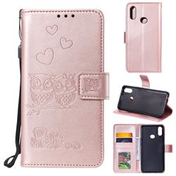 Embossing Owl Couple Flower Leather Wallet Case for Samsung Galaxy A10s - Rose Gold