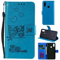 Embossing Owl Couple Flower Leather Wallet Case for Samsung Galaxy A10s - Blue