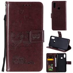 Embossing Owl Couple Flower Leather Wallet Case for Samsung Galaxy A10s - Brown