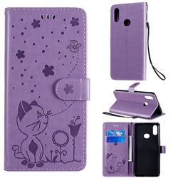 Embossing Bee and Cat Leather Wallet Case for Samsung Galaxy A10s - Purple