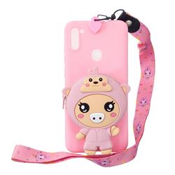 Pink Pig Neck Lanyard Zipper Wallet Silicone Case for Samsung Galaxy A11