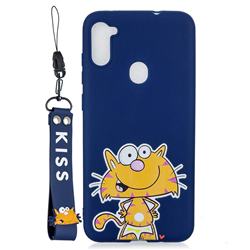 Blue Cute Cat Soft Kiss Candy Hand Strap Silicone Case for Samsung Galaxy A11