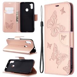 Embossing Double Butterfly Leather Wallet Case for Samsung Galaxy A11 - Rose Gold