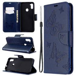 Embossing Double Butterfly Leather Wallet Case for Samsung Galaxy A11 - Dark Blue