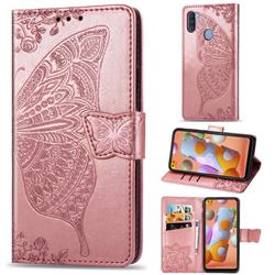 Embossing Mandala Flower Butterfly Leather Wallet Case for Samsung Galaxy A11 - Rose Gold