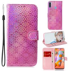 Laser Circle Shining Leather Wallet Phone Case for Samsung Galaxy A11 - Pink