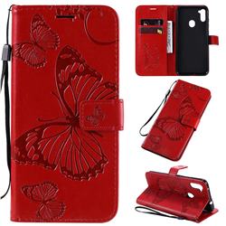 Embossing 3D Butterfly Leather Wallet Case for Samsung Galaxy A11 - Red