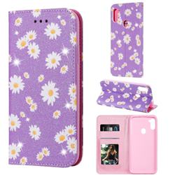 Ultra Slim Daisy Sparkle Glitter Powder Magnetic Leather Wallet Case for Samsung Galaxy A11 - Purple
