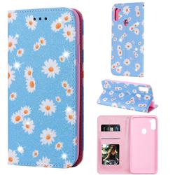 Ultra Slim Daisy Sparkle Glitter Powder Magnetic Leather Wallet Case for Samsung Galaxy A11 - Blue