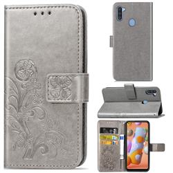 Embossing Imprint Four-Leaf Clover Leather Wallet Case for Samsung Galaxy A11 - Grey