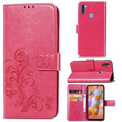 Embossing Imprint Four-Leaf Clover Leather Wallet Case for Samsung Galaxy A11 - Rose Red