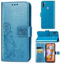 Embossing Imprint Four-Leaf Clover Leather Wallet Case for Samsung Galaxy A11 - Blue