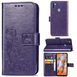 Embossing Imprint Four-Leaf Clover Leather Wallet Case for Samsung Galaxy A11 - Purple