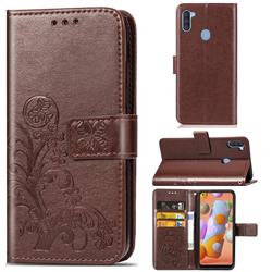 Embossing Imprint Four-Leaf Clover Leather Wallet Case for Samsung Galaxy A11 - Brown