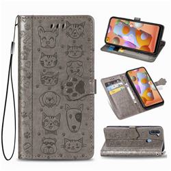 Embossing Dog Paw Kitten and Puppy Leather Wallet Case for Samsung Galaxy A11 - Gray