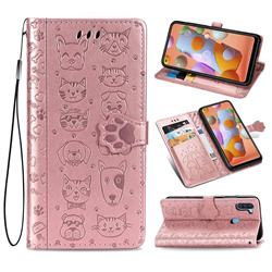 Embossing Dog Paw Kitten and Puppy Leather Wallet Case for Samsung Galaxy A11 - Rose Gold