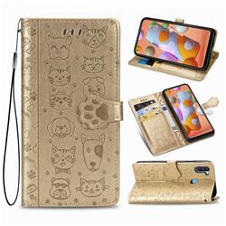 Embossing Dog Paw Kitten and Puppy Leather Wallet Case for Samsung Galaxy A11 - Champagne Gold