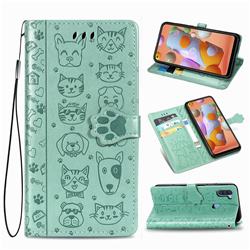 Embossing Dog Paw Kitten and Puppy Leather Wallet Case for Samsung Galaxy A11 - Green
