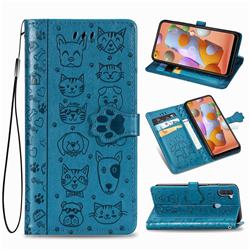 Embossing Dog Paw Kitten and Puppy Leather Wallet Case for Samsung Galaxy A11 - Blue