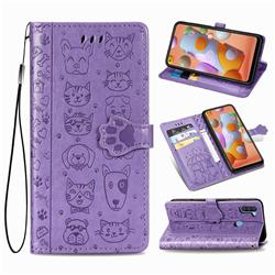 Embossing Dog Paw Kitten and Puppy Leather Wallet Case for Samsung Galaxy A11 - Purple