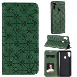 Intricate Embossing Four Leaf Clover Leather Wallet Case for Samsung Galaxy A11 - Blackish Green