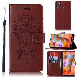 Intricate Embossing Owl Campanula Leather Wallet Case for Samsung Galaxy A11 - Brown