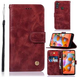 Luxury Retro Leather Wallet Case for Samsung Galaxy A11 - Wine Red