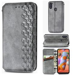 Ultra Slim Fashion Business Card Magnetic Automatic Suction Leather Flip Cover for Samsung Galaxy A11 - Grey