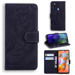 Intricate Embossing Tiger Face Leather Wallet Case for Samsung Galaxy A11 - Black
