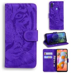 Intricate Embossing Tiger Face Leather Wallet Case for Samsung Galaxy A11 - Purple