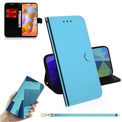 Shining Mirror Like Surface Leather Wallet Case for Samsung Galaxy A11 - Blue