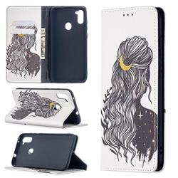 Girl with Long Hair Slim Magnetic Attraction Wallet Flip Cover for Samsung Galaxy A11