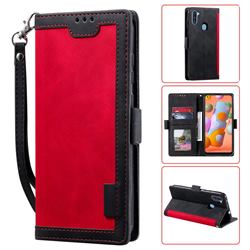 Luxury Retro Stitching Leather Wallet Phone Case for Samsung Galaxy A11 - Deep Red
