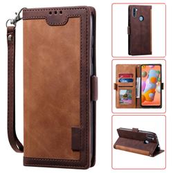 Luxury Retro Stitching Leather Wallet Phone Case for Samsung Galaxy A11 - Dark Brown
