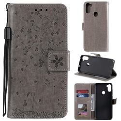 Embossing Cherry Blossom Cat Leather Wallet Case for Samsung Galaxy A11 - Gray