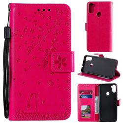 Embossing Cherry Blossom Cat Leather Wallet Case for Samsung Galaxy A11 - Rose