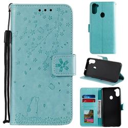 Embossing Cherry Blossom Cat Leather Wallet Case for Samsung Galaxy A11 - Green