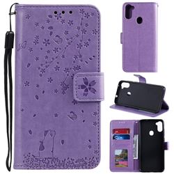 Embossing Cherry Blossom Cat Leather Wallet Case for Samsung Galaxy A11 - Purple