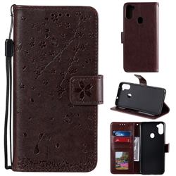 Embossing Cherry Blossom Cat Leather Wallet Case for Samsung Galaxy A11 - Brown
