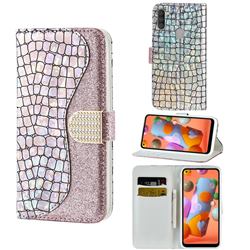 Glitter Diamond Buckle Laser Stitching Leather Wallet Phone Case for Samsung Galaxy A11 - Pink