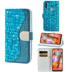 Glitter Diamond Buckle Laser Stitching Leather Wallet Phone Case for Samsung Galaxy A11 - Blue