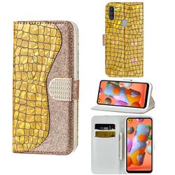 Glitter Diamond Buckle Laser Stitching Leather Wallet Phone Case for Samsung Galaxy A11 - Gold