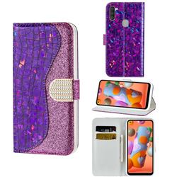 Glitter Diamond Buckle Laser Stitching Leather Wallet Phone Case for Samsung Galaxy A11 - Purple