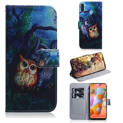 Oil Painting Owl PU Leather Wallet Case for Samsung Galaxy A11